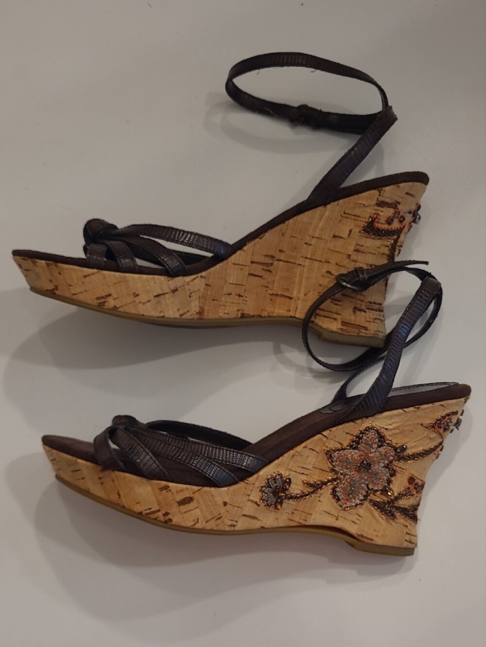 Bandolino Beaded Flower Accent Cork Wedge Sandals Bohemian Ankle Strap Heel Y2K - Picture 16 of 17